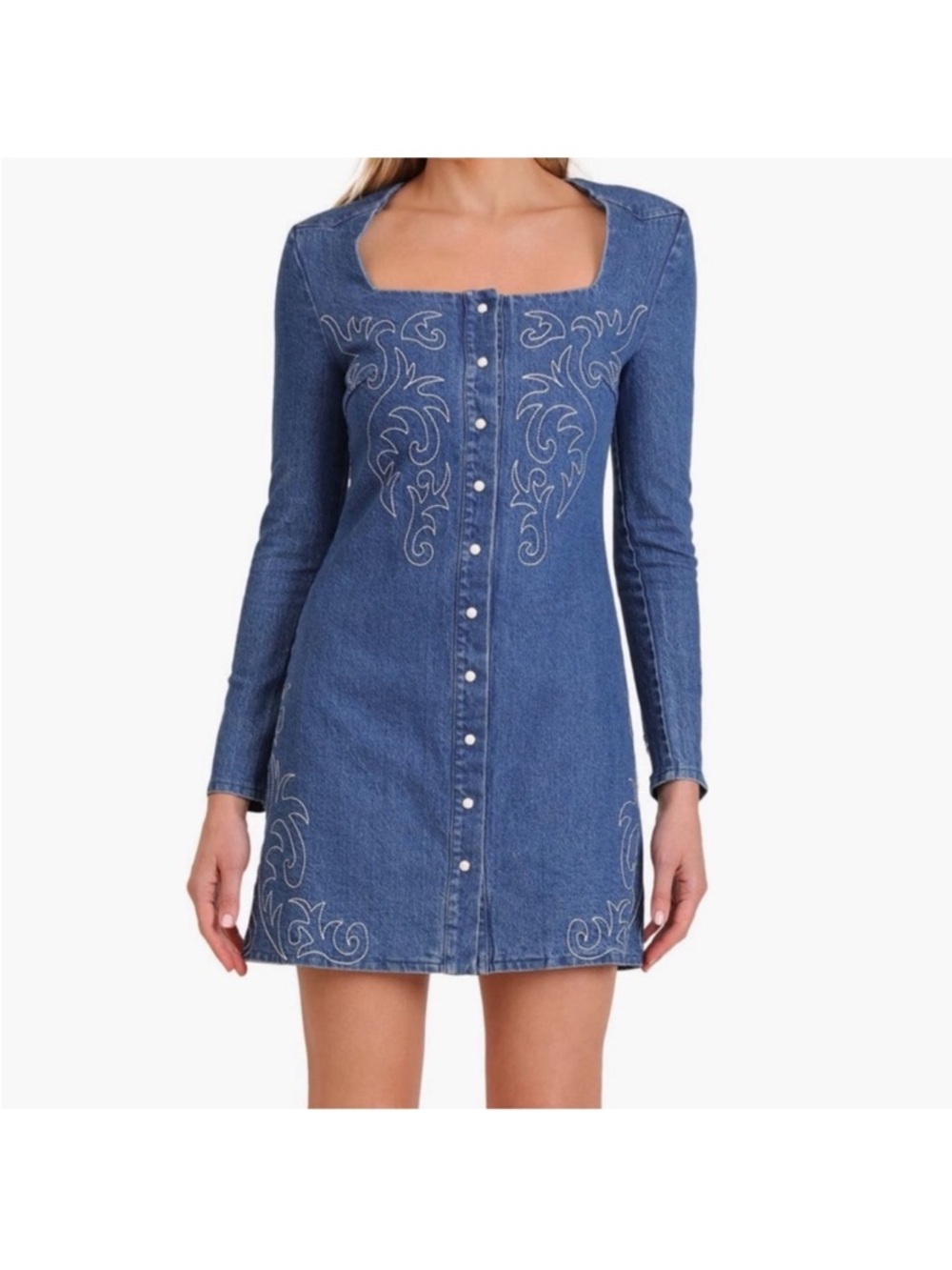 Avec Les Filles Western Embroidered Denim Minidress Provence Wash 4 NWT